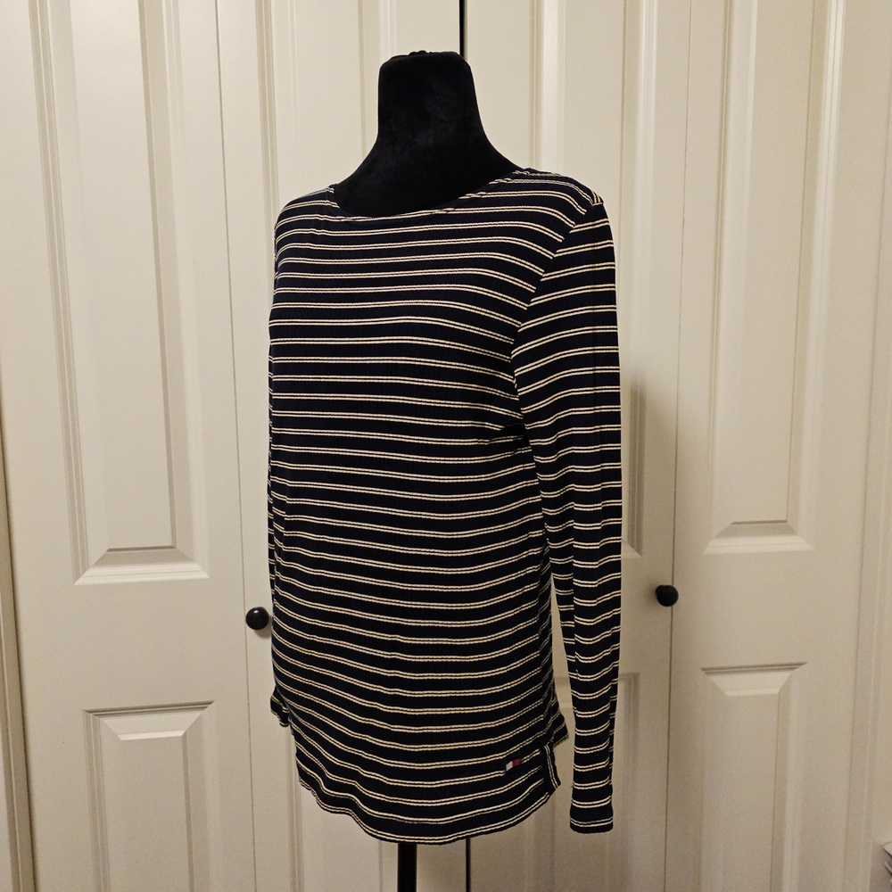 VTG Tommy Hilfiger Navy Yellow Tan Striped Long Sleeve Top Fitted SZ L
